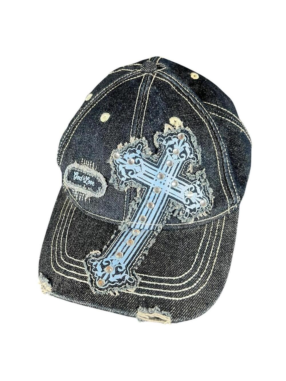 Y2K “Cherished Girl” Bedazzled Cross Denim Trucker Hat
